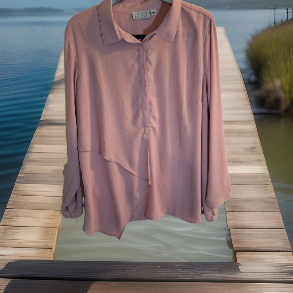 VTG Joan Rivers Light Mauve Dress Blouse sz L Pull Over & Button Long Sleev 0070